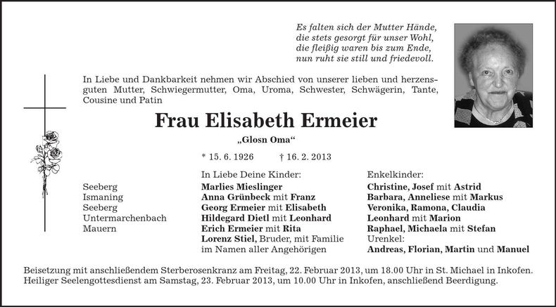 Traueranzeige Elisabeth Ermeier