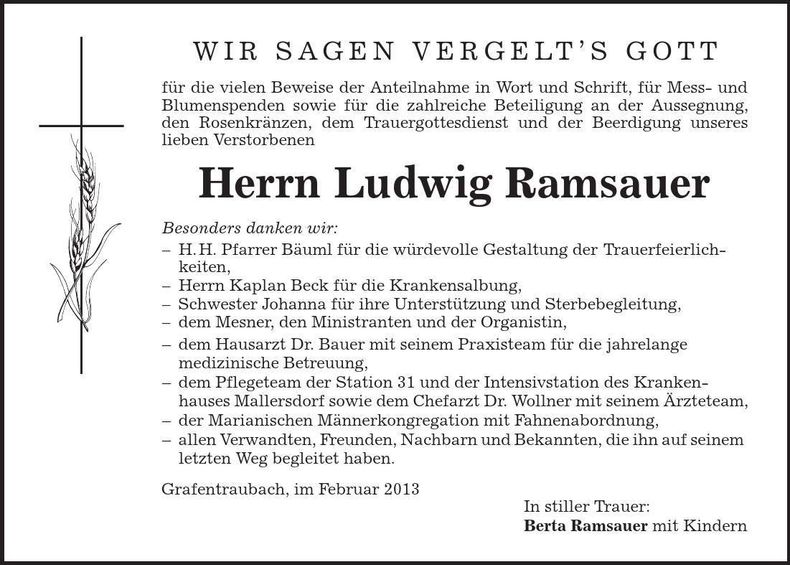 Traueranzeige Ludwig Ramsauer