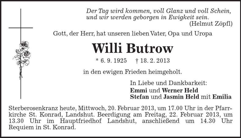Traueranzeige Willi Butrow