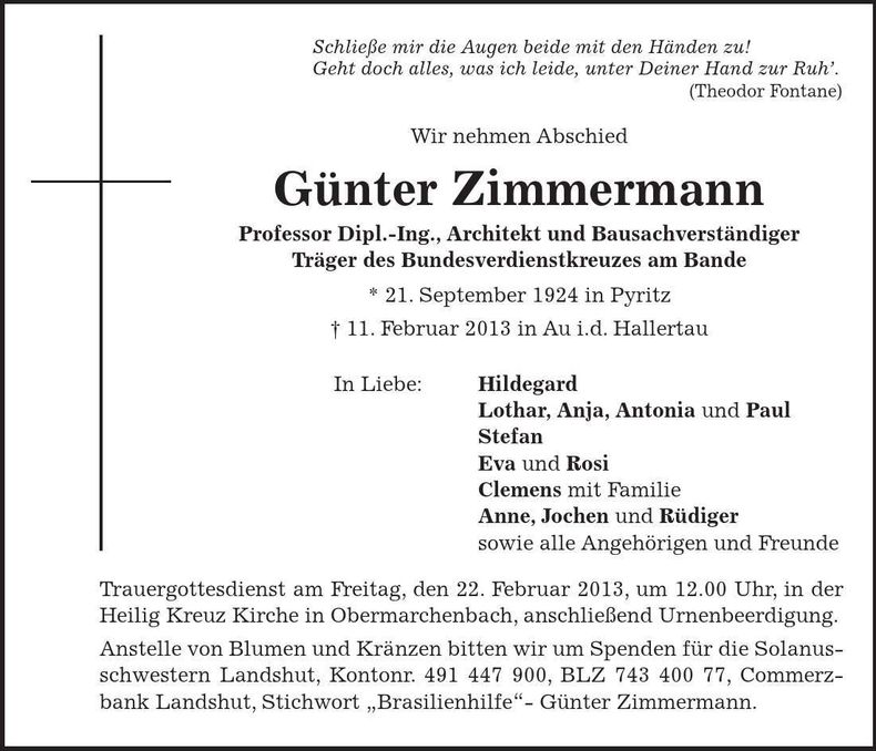 Traueranzeige Günter Zimmermann