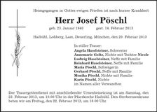 Traueranzeige Josef Pöschl