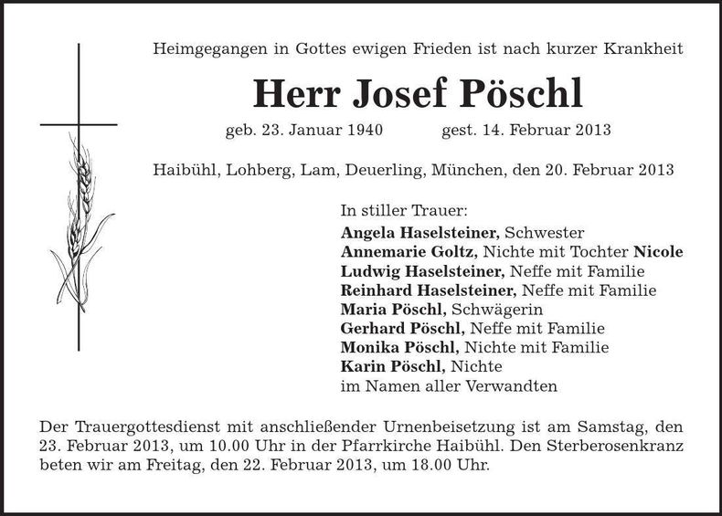 Traueranzeige Josef Pöschl