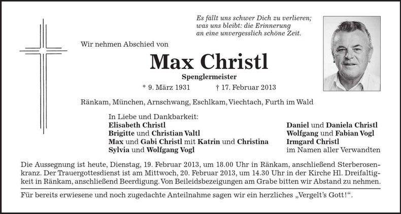 Traueranzeige Max Christl
