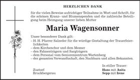 Traueranzeige Maria Wagensonner