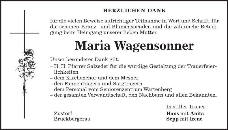 Traueranzeige Maria Wagensonner