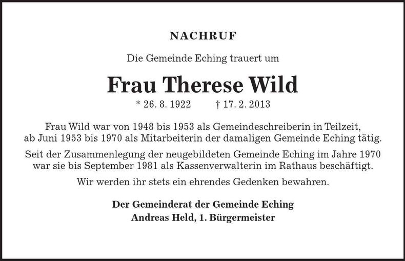 Traueranzeige Therese Wild