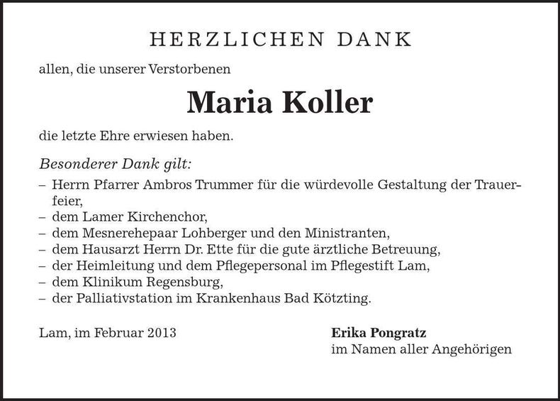 Traueranzeige Maria Koller