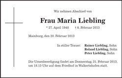Traueranzeige Maria Liebling