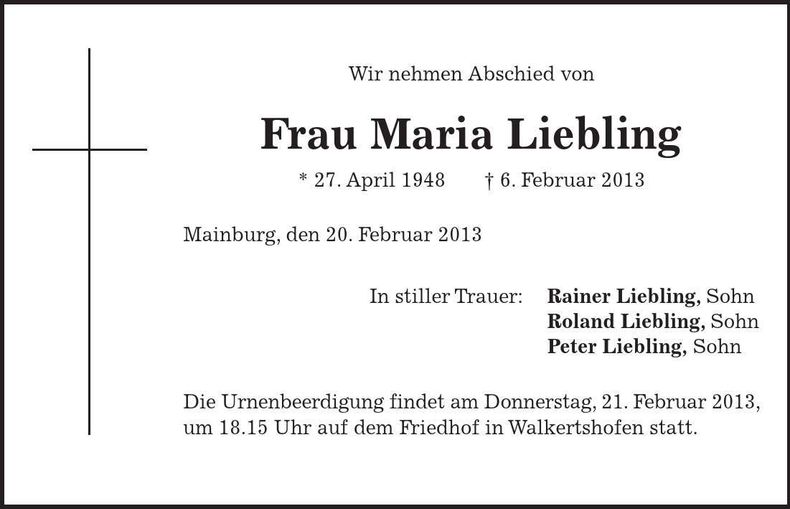 Traueranzeige Maria Liebling