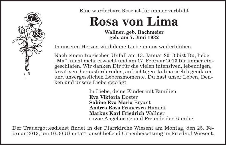 Traueranzeige Rosa von Lima