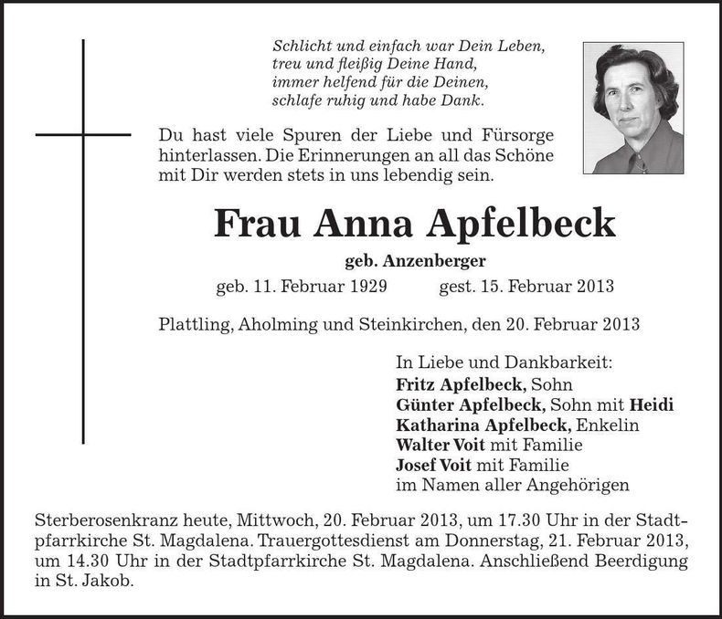 Traueranzeige Anna Apfelbeck