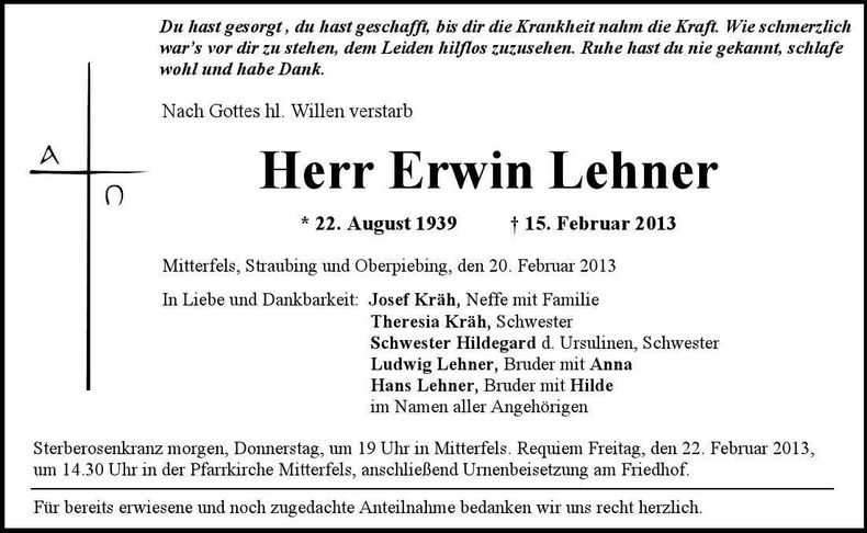 Traueranzeige Erwin Lehner
