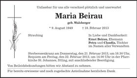 Traueranzeige Maria Beirau