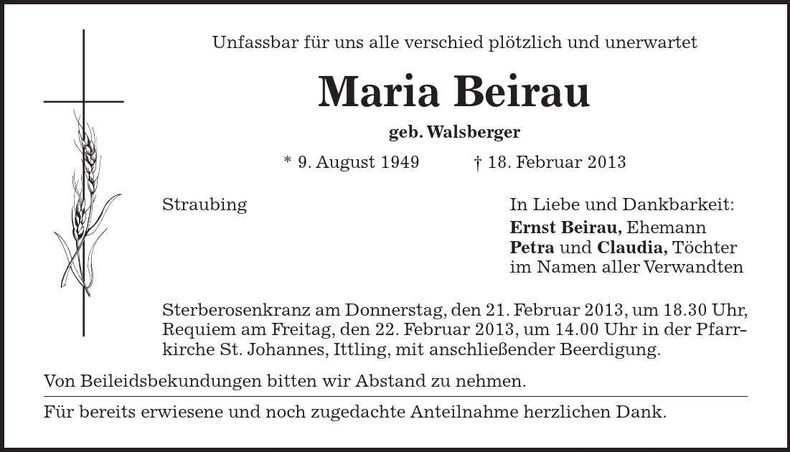 Traueranzeige Maria Beirau