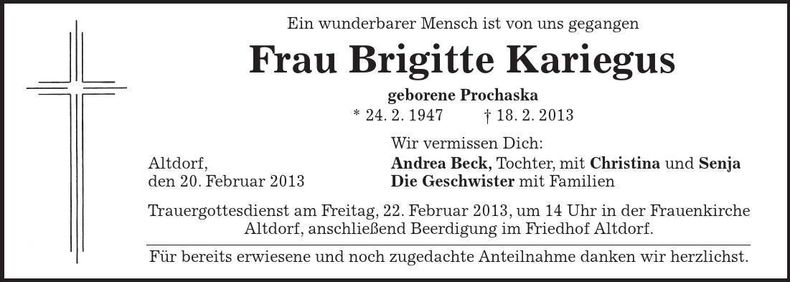 Traueranzeige Brigitte Kariegus