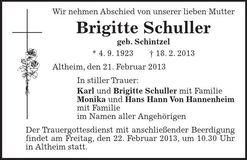 Traueranzeige Brigitte Schuller