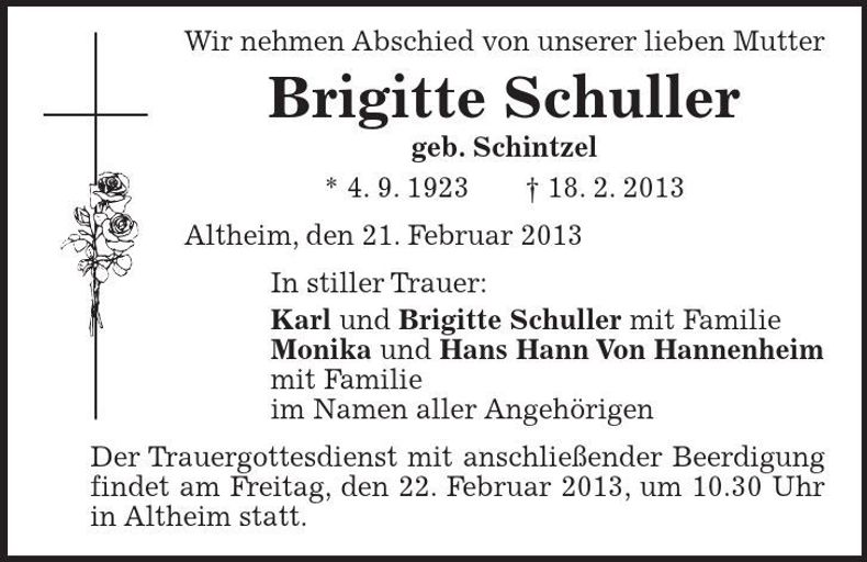 Traueranzeige Brigitte Schuller