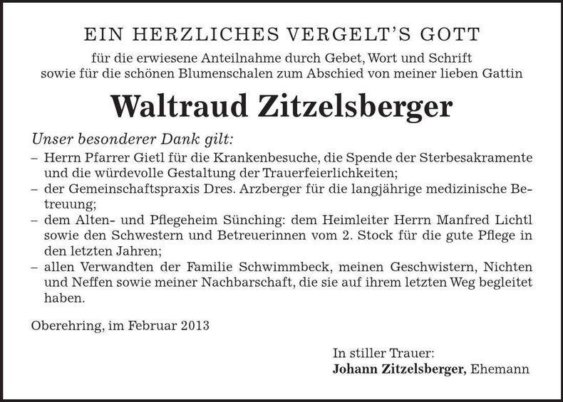 Traueranzeige Waltraud Zitzelsberger