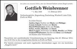 Traueranzeige Gottlieb Weinbrenner
