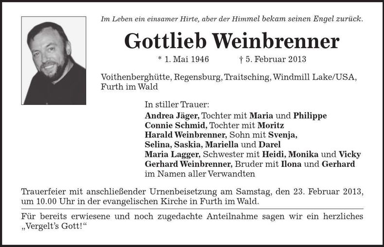 Traueranzeige Gottlieb Weinbrenner