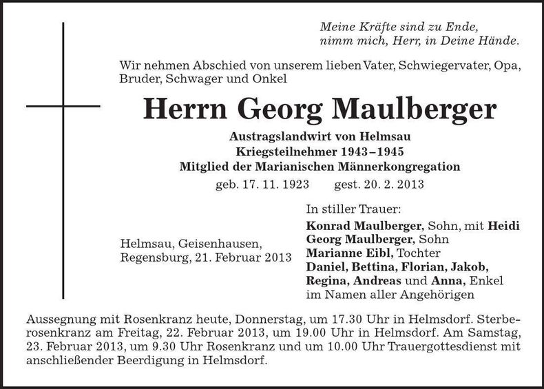 Traueranzeige Georg Maulberger