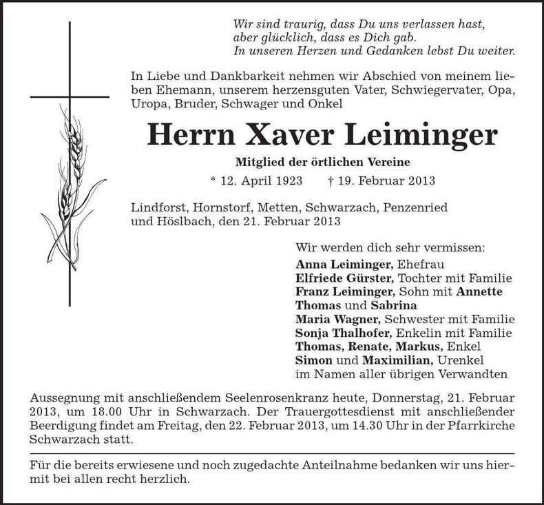 Traueranzeige Xaver Leiminger