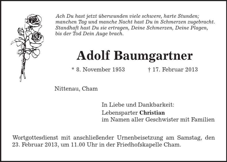 Traueranzeige Adolf Baumgartner