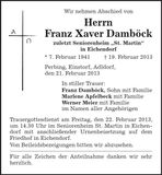 Traueranzeige Franz Xaver Damböck