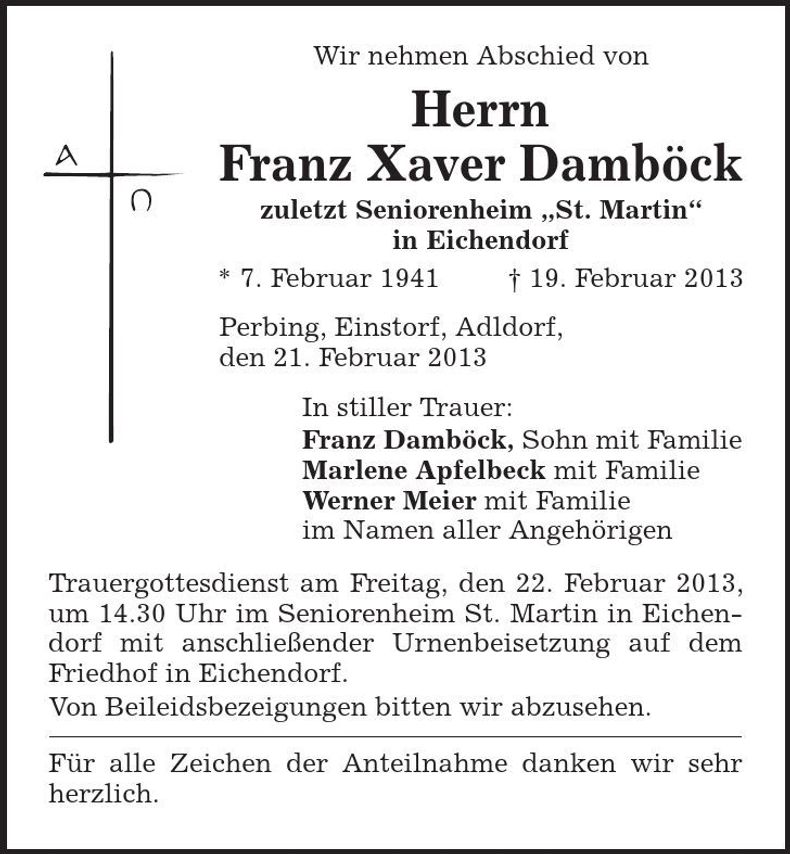 Traueranzeige Franz Xaver Damböck