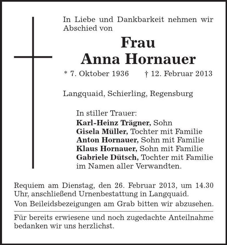Traueranzeige Anna Hornauer