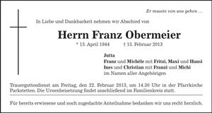 Traueranzeige Franz Obermeier