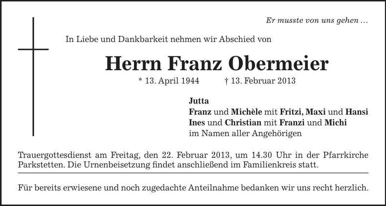 Traueranzeige Franz Obermeier