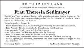 Traueranzeige Theresia Sedlmayer