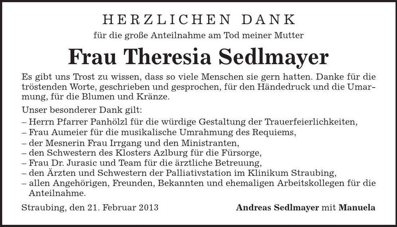 Traueranzeige Theresia Sedlmayer