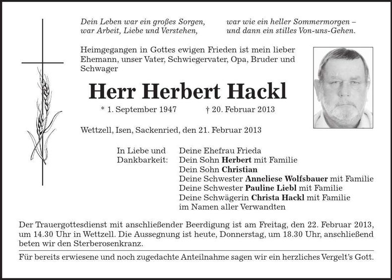 Traueranzeige Herbert Hackl