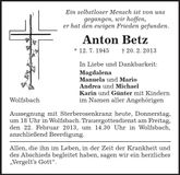 Traueranzeige Anton Betz