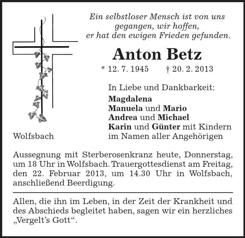 Traueranzeige Anton Betz