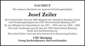 Traueranzeige Josef Zeiler