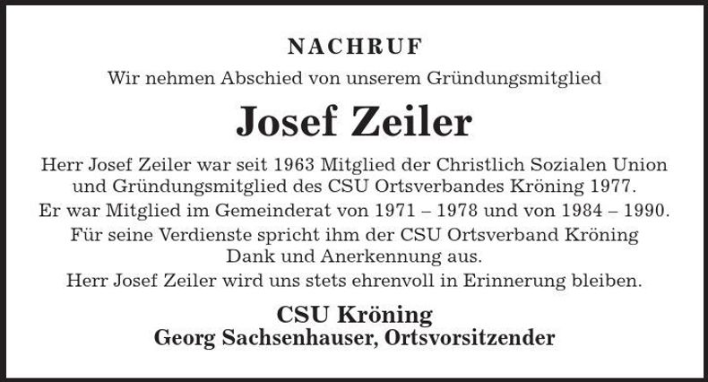 Traueranzeige Josef Zeiler