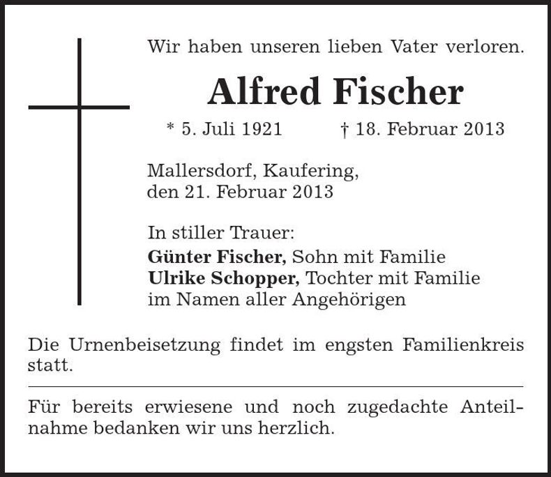 Traueranzeige Alfred Fischer