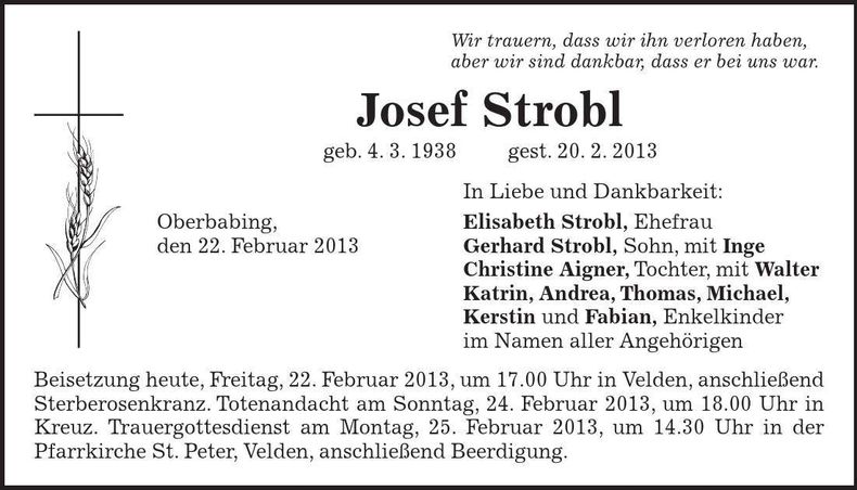 Traueranzeige Josef Strobl