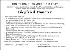 Traueranzeige Siegfried Mauerer
