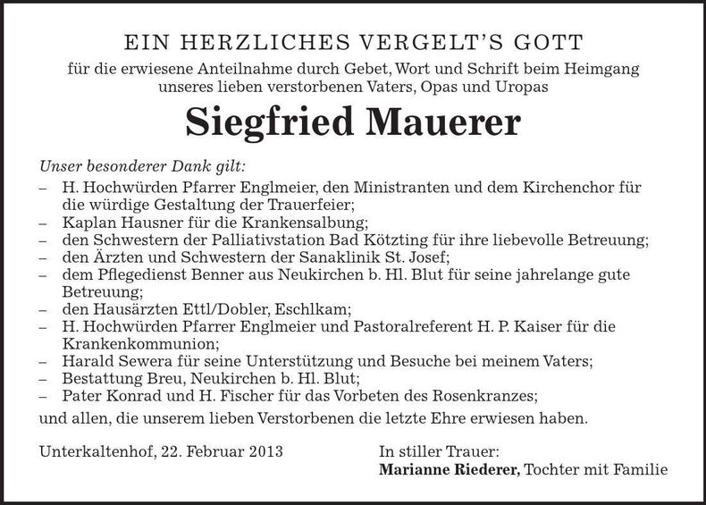 Traueranzeige Siegfried Mauerer