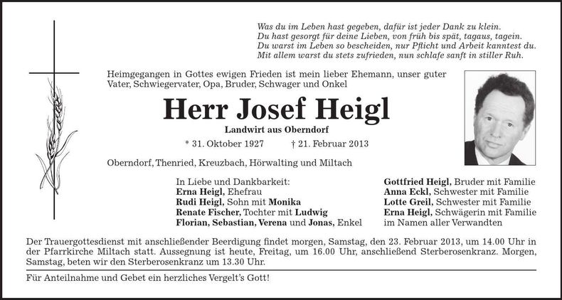 Traueranzeige Josef Heigl