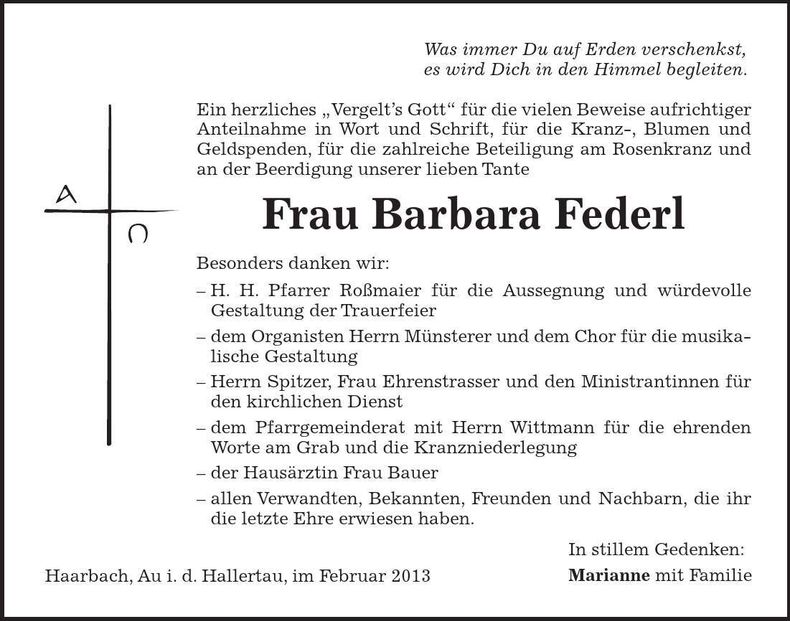 Traueranzeige Barbara Federl