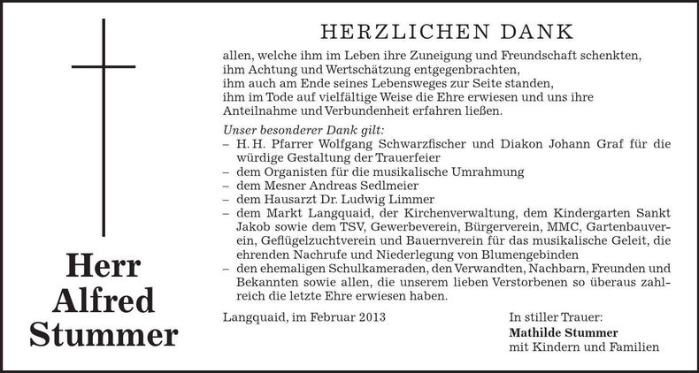 Traueranzeige Alfred Stummer