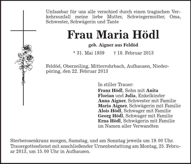 Traueranzeige Maria Hödl