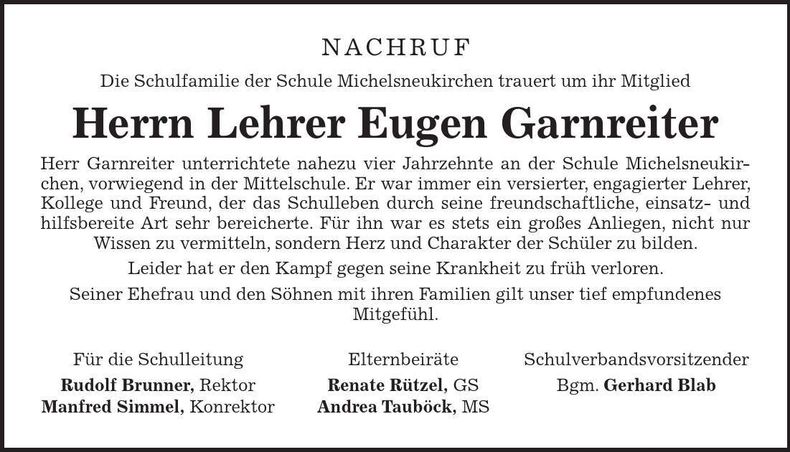 Traueranzeige Eugen Garnreiter