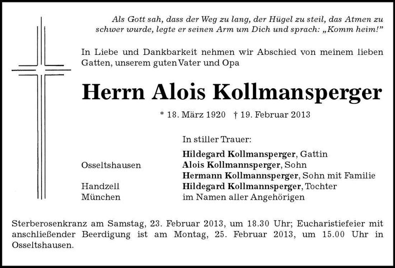Traueranzeige Alois Kollmannsberger