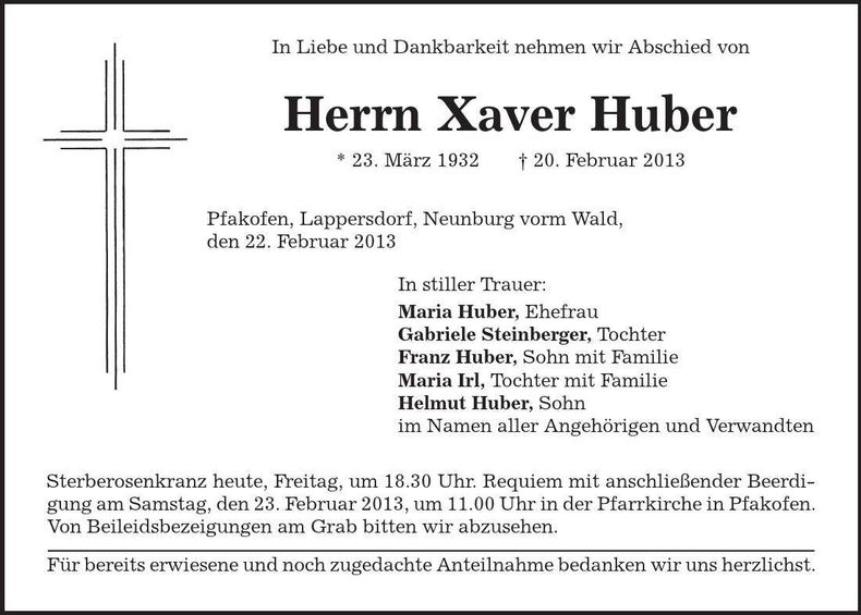 Traueranzeige Xaver Huber